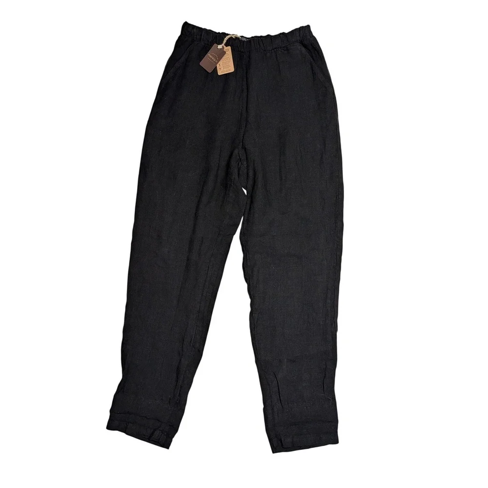 Menique Dakota Linen Pants Size S Black 100% Linen Elastic Waist NWT